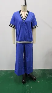 Conjunto de dos piezas de lino azul para mujer con top de cuello en V y pantalones anchos
