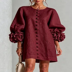 Burgundy French style 3D floral lantern sleeve cotton linen mini dress