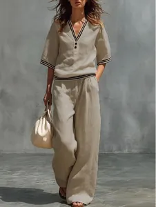 Conjunto de Top y Pantalón Casual de Lino con Cuello en V para Mujer con Ribete de Rayas Camisa de Manga Corta y Pantalón Ancho