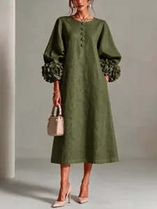 Französisches olivgrünes Baumwoll-Leinen-Kleid mit 3D-Blumen-Laternenärmeln