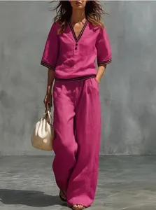 Elegante conjunto de dos piezas de lino rosa para mujer con cuello en V y pantalón ancho