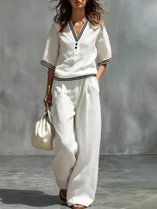 Conjunto de dos piezas de lino blanco para mujer con detalles a rayas y pantalón ancho