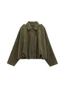 Women's Faux Suede Bomber Jacket Batwing Sleeve Lapel Zipper Short Outerwear Loose Vintage Epaulettes Flight Jacket