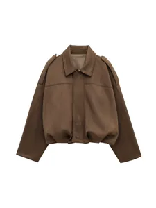 Chic oversized brown faux suede pilot jacket for women with stylish batwing sleeves