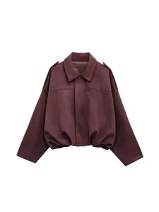 Stylish burgundy faux suede bomber jacket featuring batwing sleeves and a bubble hem