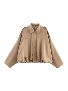 Stylish camel faux suede bomber jacket with batwing sleeves and gathered hem for women
