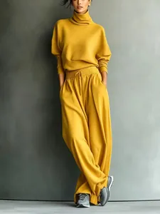 Cozy mustard yellow turtleneck sweatshirt and matching wide-leg drawstring pants set