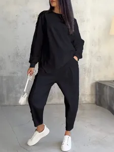 Casual loose irregular long-sleeved sweatshirt and pants set for women in black fashion