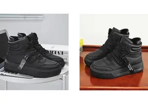Vista dettagliata di eleganti scarpe da skate alte nere in vari ambienti interni