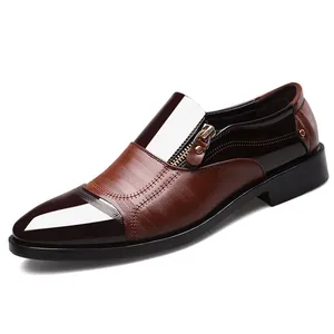 Classic brown men's business dress shoes with pointed toe and side zipper detail