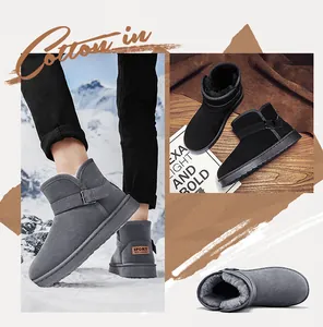 Detailed views of fleece-lined winter snow boots for men and women in grey and black