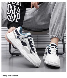 Detailed view of trendy white platform sneakers with navy accents for stylish men