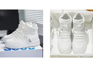 Foto dettagliate di scarpe da skate bianche alte da angolazioni laterali e dall'alto.