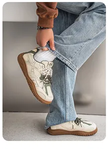 Side view and lifestyle shot of beige retro thick-sole casual sports sneakers for men