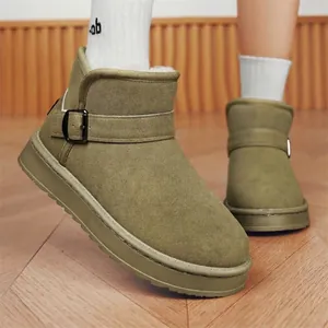Unisex olive green winter snow boots with adjustable buckle strap and warm plush lining