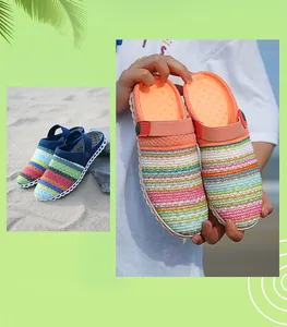 Detailweergave van kleurrijke gestreepte strandklompen met verstelbare hielbandjes.
