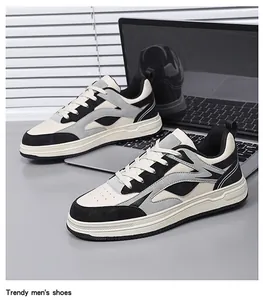 Side view of trendy men's low-top platform sneakers in cream, grey and black
