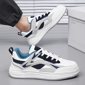 Trendy men's platform low-top sneakers in white and navy blue sporty design