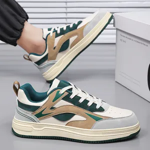 Men Thick Sole Sneakers Breathable Leather Casual Board Shoes Korean Trendy Color Block Low Top Skate Shoes For Daily Students
