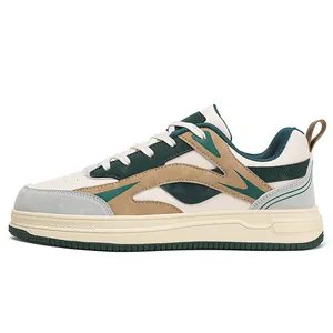 Men's trendy platform low-top sneakers with breathable beige and green paneling