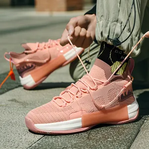 Chaussures de basketball montantes en flyknit rose respirantes pour hommes et femmes