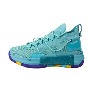 Baskets de basket-ball en tricot respirant cyan avec tige moyenne amortie pour hommes.