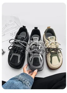 Three color variants of retro chunky sneakers shown side-by-side with a design sketch