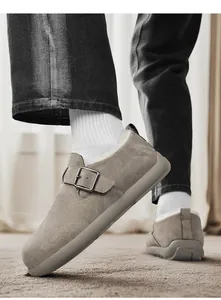 Stylish men's winter plush-lined suede loafers with buckle detail in grey color