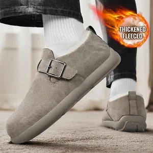 Men's thickened fleece-lined suede winter clogs with adjustable buckle strap in grey color