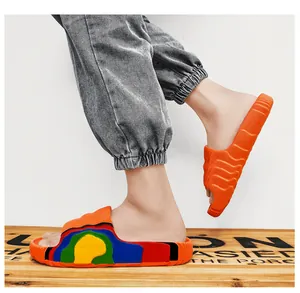 Close-up side view of vibrant thick-soled summer slides for casual outdoor wear