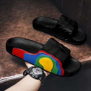 Breathable black slide slippers with colorful side pattern and thick sole for casual wear