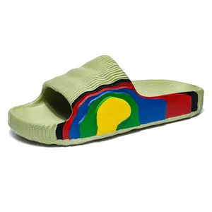 Comfortable thick-soled cloud slides with colorful topographic pattern for summer outdoor use.