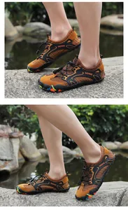 Vue latérale détaillée de chaussures d'eau d'extérieur en maille marron respirante homme