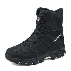 Durable black high-top outdoor hiking boots for men featuring rugged non-slip soles