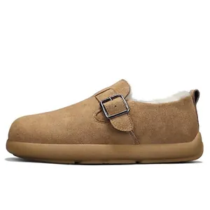 Warm men's winter fleece-lined clogs with thick sole in tan Birkenstock style loafers