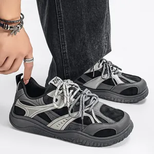 Vintage men's wide-toe thick-soled casual sports sneakers with grey and black patchwork design
