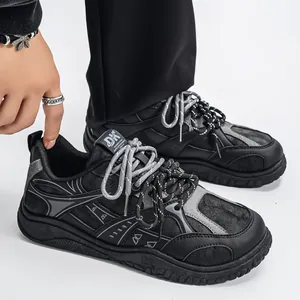 Black retro wide-toe men's chunky casual sneakers featuring non-slip thick soles