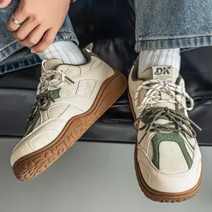 Retro thick-sole casual sneakers in cream and green for men's outdoor walking and hiking