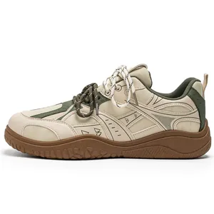 Vintage thick sole casual sneakers in beige and olive green for men outdoor hiking