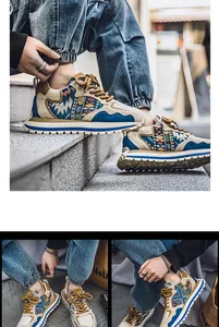 Detailed lifestyle view of stylish men's color-block sneakers with ethnic patterns