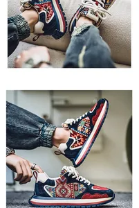 Detailed view of multi-colored men's sports sneakers featuring ethnic patterns and thick soles