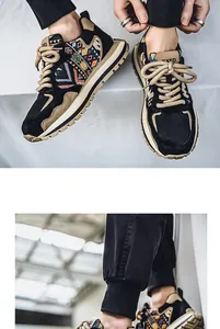 Macro view of ethnic pattern on men's low-top casual sports sneakers in detail.