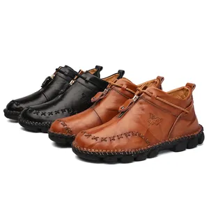 Heren hoge leren Martin boots met decoratieve stiksels en dikke duurzame zolen