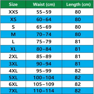 Detailed size chart for pleated dance skirt showing waist and length measurements