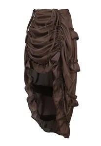 Victorian style brown high-low pleated skirt with ruched drawstring and ruffled hem