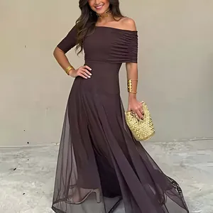Elegant coffee brown off-shoulder mesh maxi dress with pleated bodice and sheer overlay