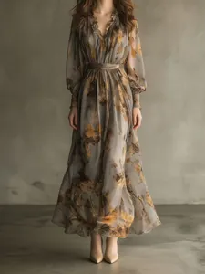 Full-length view of vintage floral chiffon maxi dress with elegant waist detail
