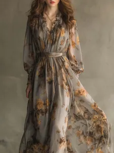 Detail view of vintage gray floral print chiffon dress featuring elegant ruffled V-neckline