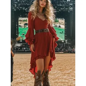 Elegant boho style red V-neck ruffle dress with bell sleeves, full body view at a festival.