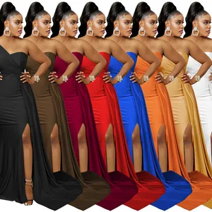 Eight colors of elegant one-shoulder formal dresses with high slit and train